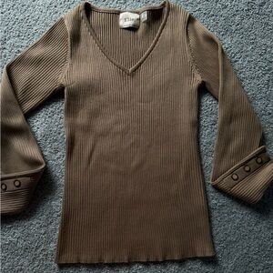 NWOT Elie Tahari Brown Ribbed Knit Top Long Sleeve V-neck Thick Material‎ Size S